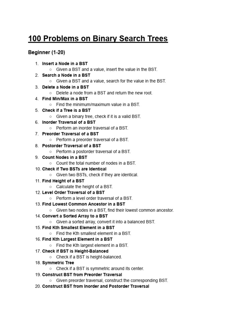 100 Binary Search Tree Problems | PDF | Algorithms | Algorithms And ...