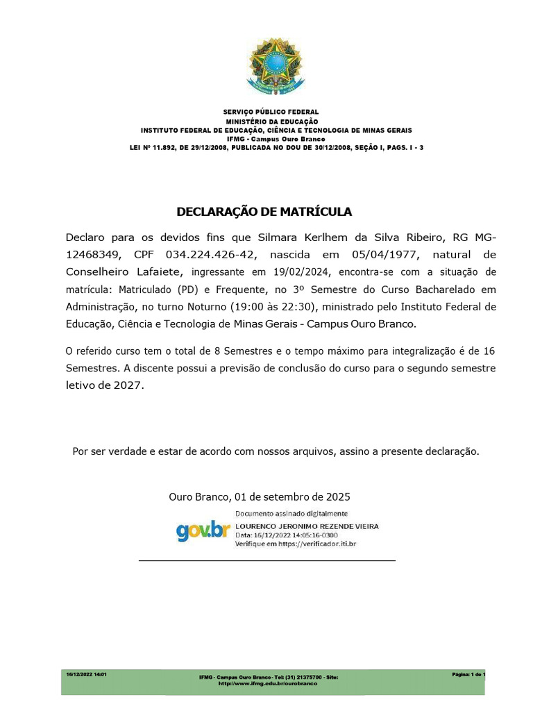 Declaração de Matrícula IFMG 2024 | PDF
