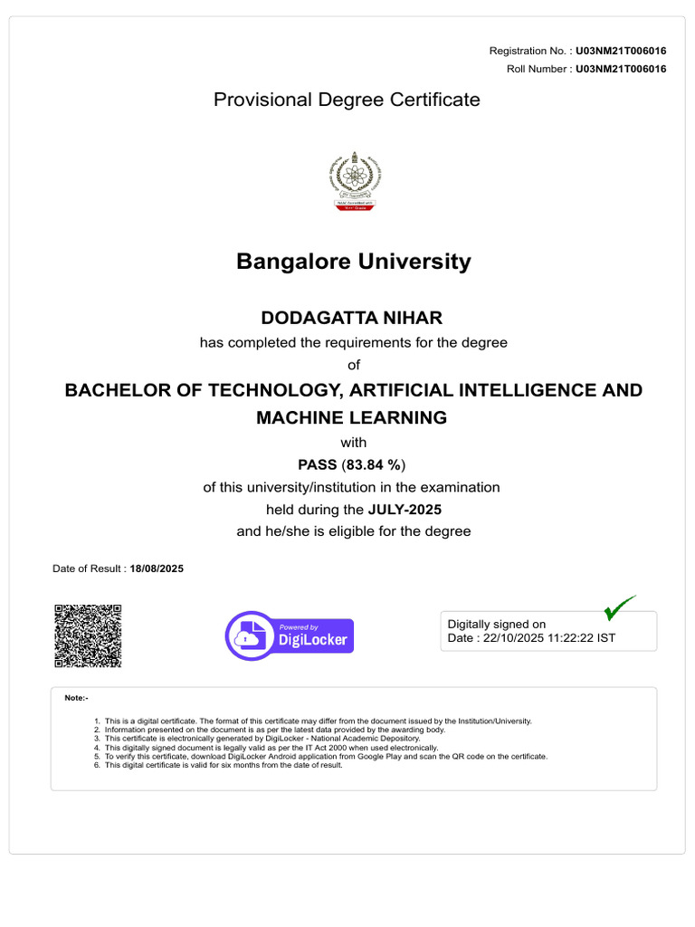 Provisional Degree Certificate - B.Tech AI/ML | PDF