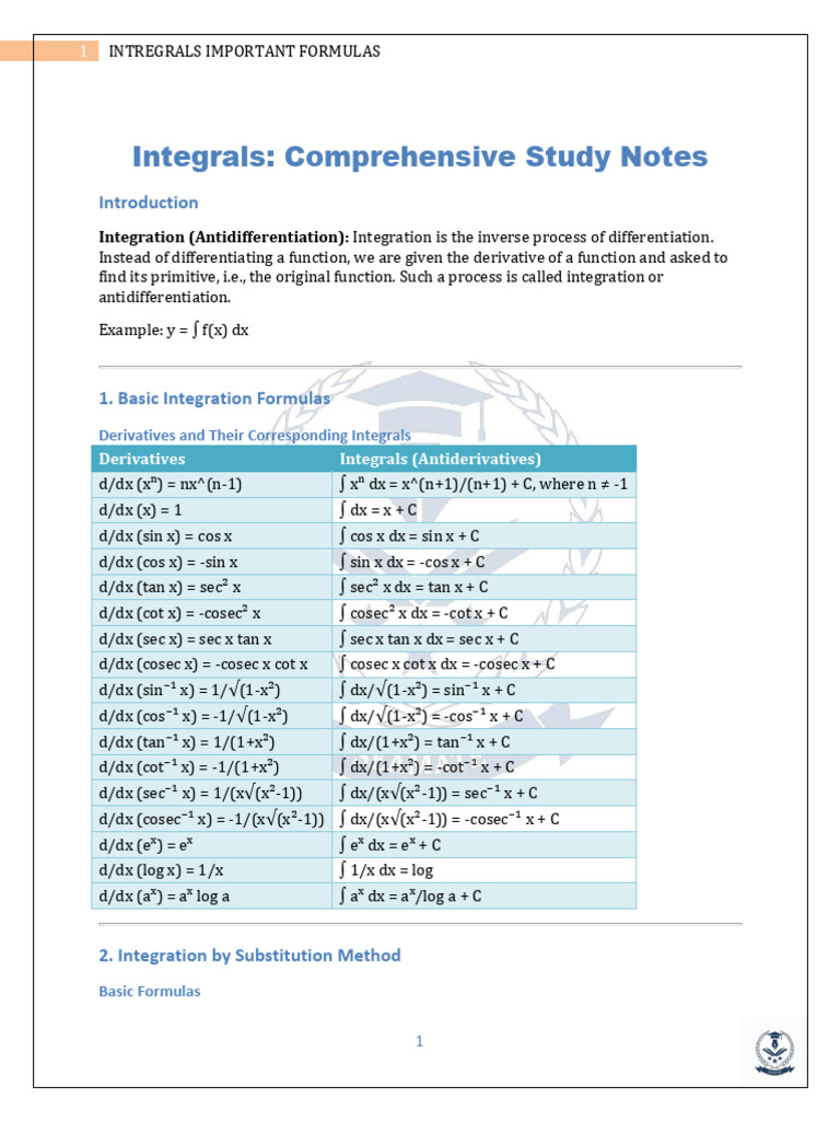 Integrals Study Notes - SEAMATE | PDF | Integral | Function (Mathematics)