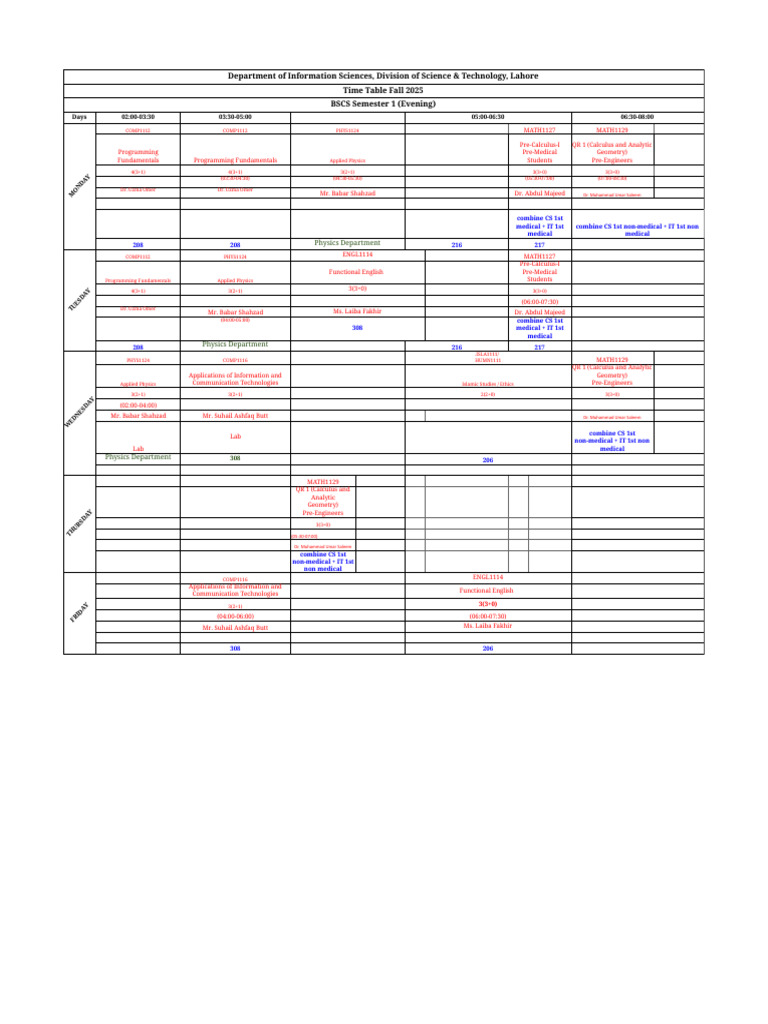 BSCS Semester 1 Timetable Fall 2025 | PDF | Mathematics