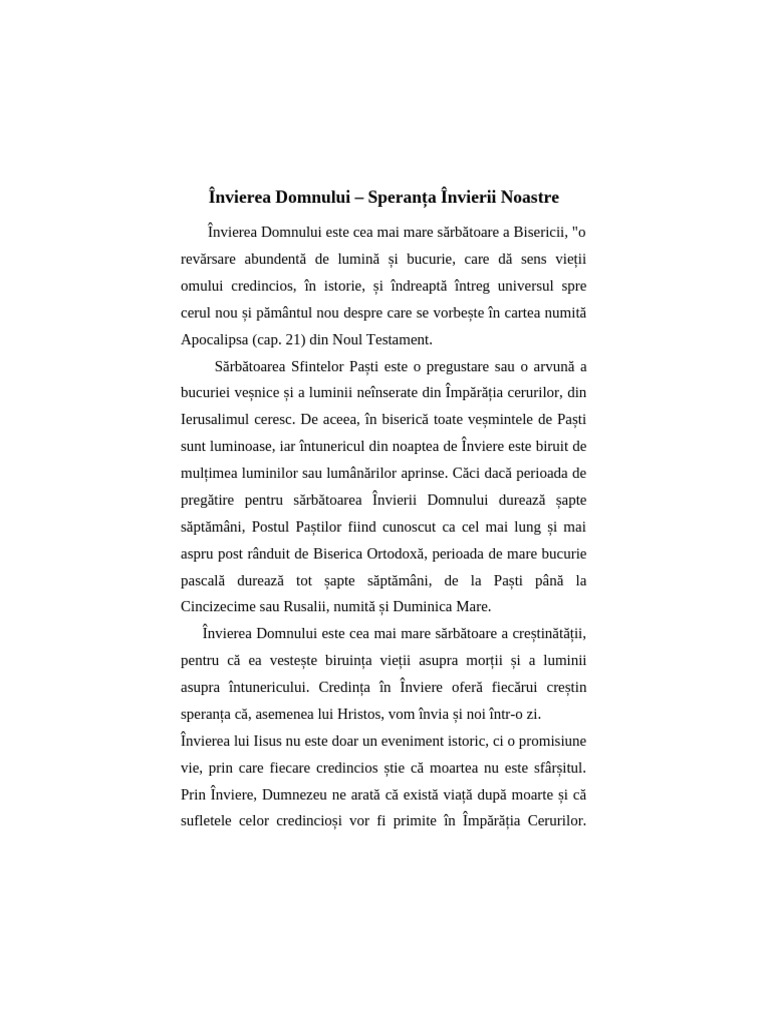 Învierea Domnului-Speranta Invierii Noastre | PDF