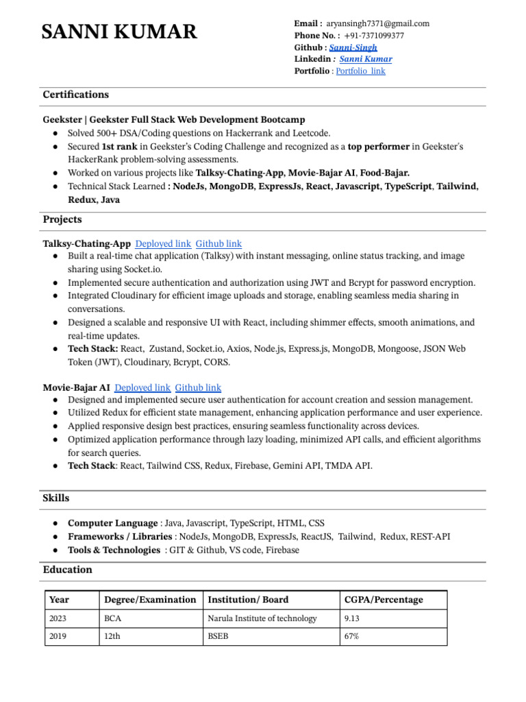 Resume B4kwi86T | PDF | Java Script | Computer Engineering