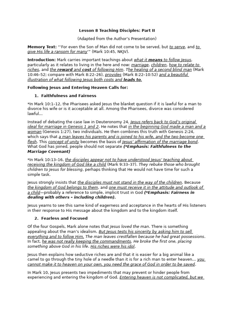 Discipleship Lessons from Mark 10 | PDF | Jesus | Gospel Of Mark