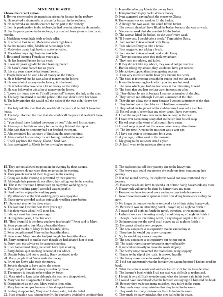 Sentence Rewriting Exercises | PDF | Cost Of Living