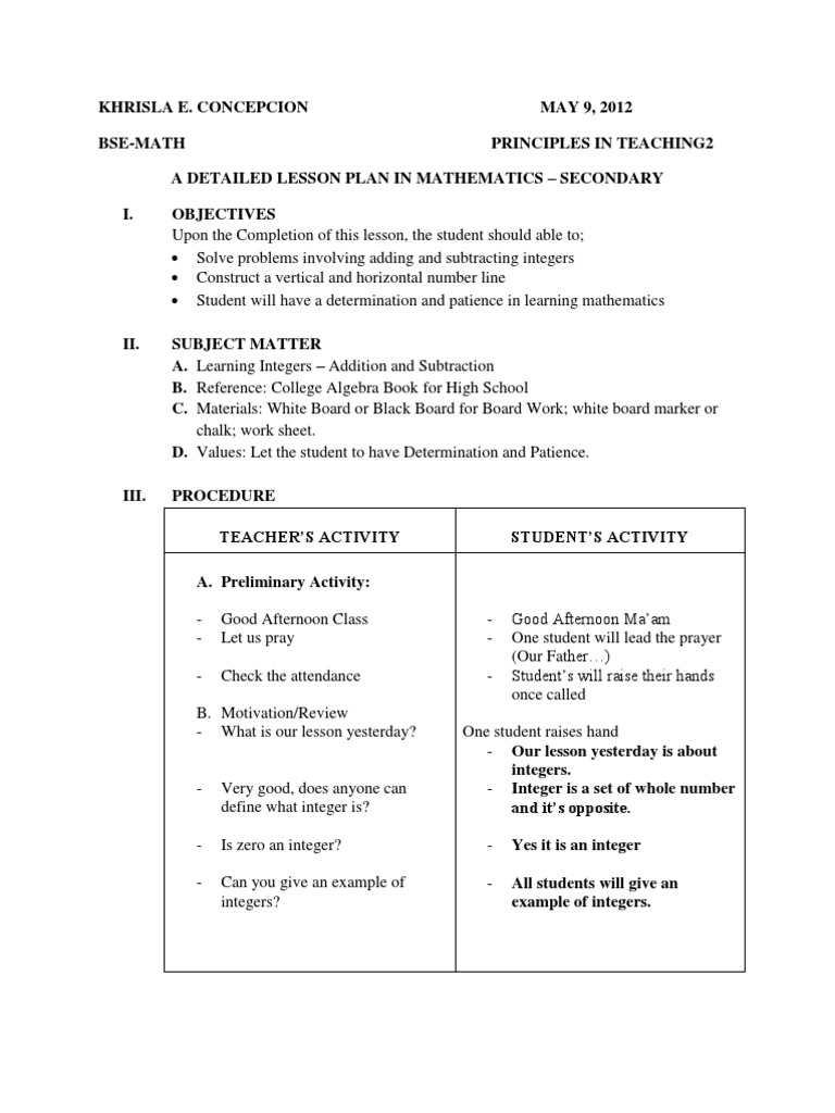 Detailed Lesson Plan In Mathematics Grade 9