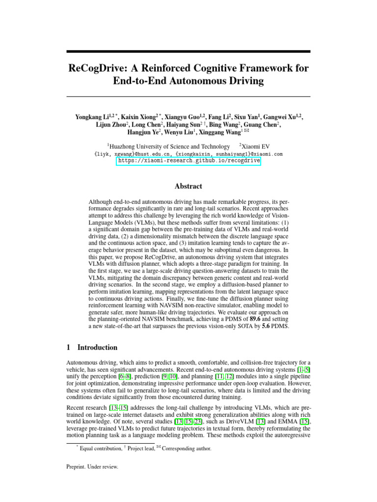 ReCogDrive A Reinforced Cognitive Framework For | PDF | Cognitive Science