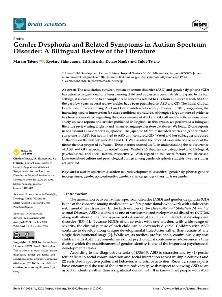 Gender Dysphoria and Related Symptoms in Autism Spectrum Disorder | PDF