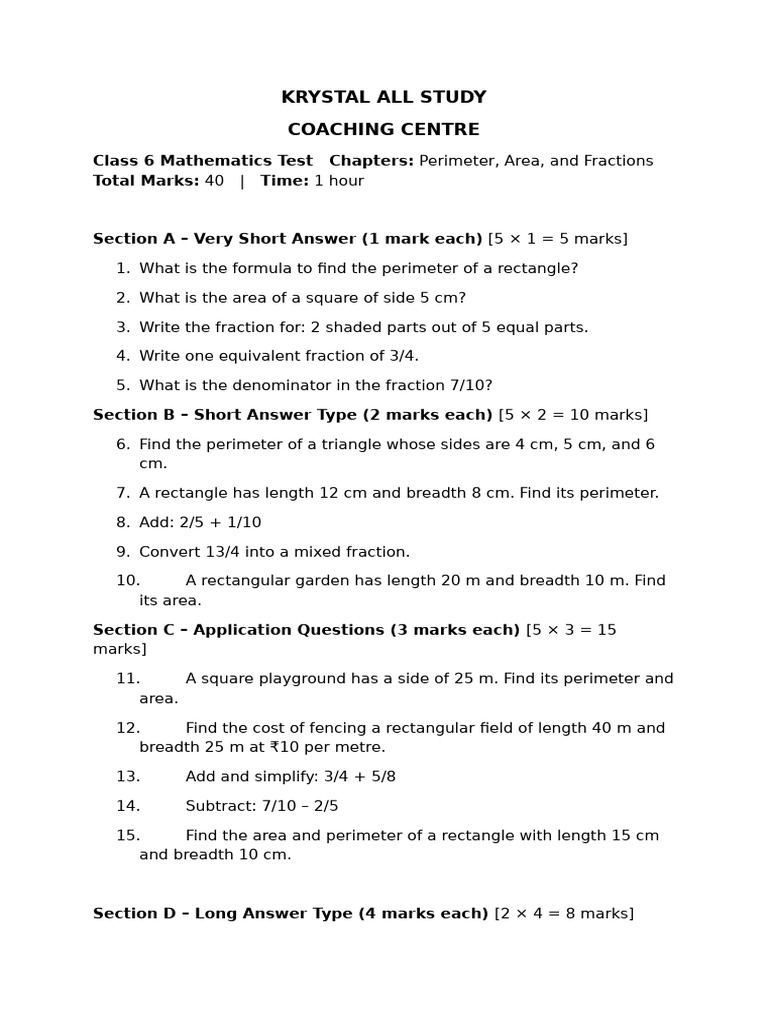 Class 6 Math Test: Perimeter & Area | PDF