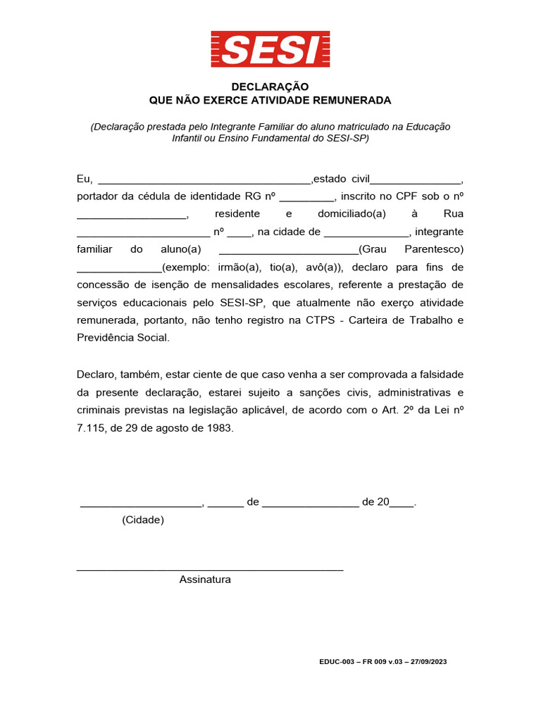 Declaração de Não Remuneração SESI-SP | PDF