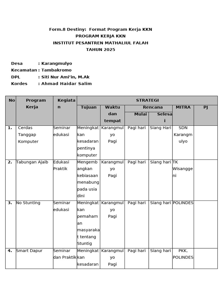 Form 8. Destiny (FGD) Program Kerja & Strategi | PDF