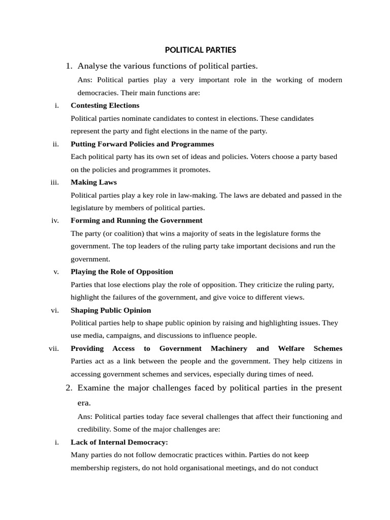 Functions and Challenges of Political Parties | PDF | Political Parties ...