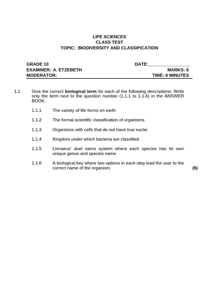 Grade 10 Biodiversity Test Questions | PDF