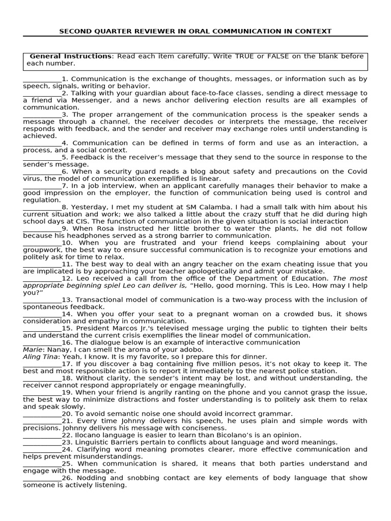 Second Quarter Reviewer in Oral Communication 2 | PDF | Communication ...
