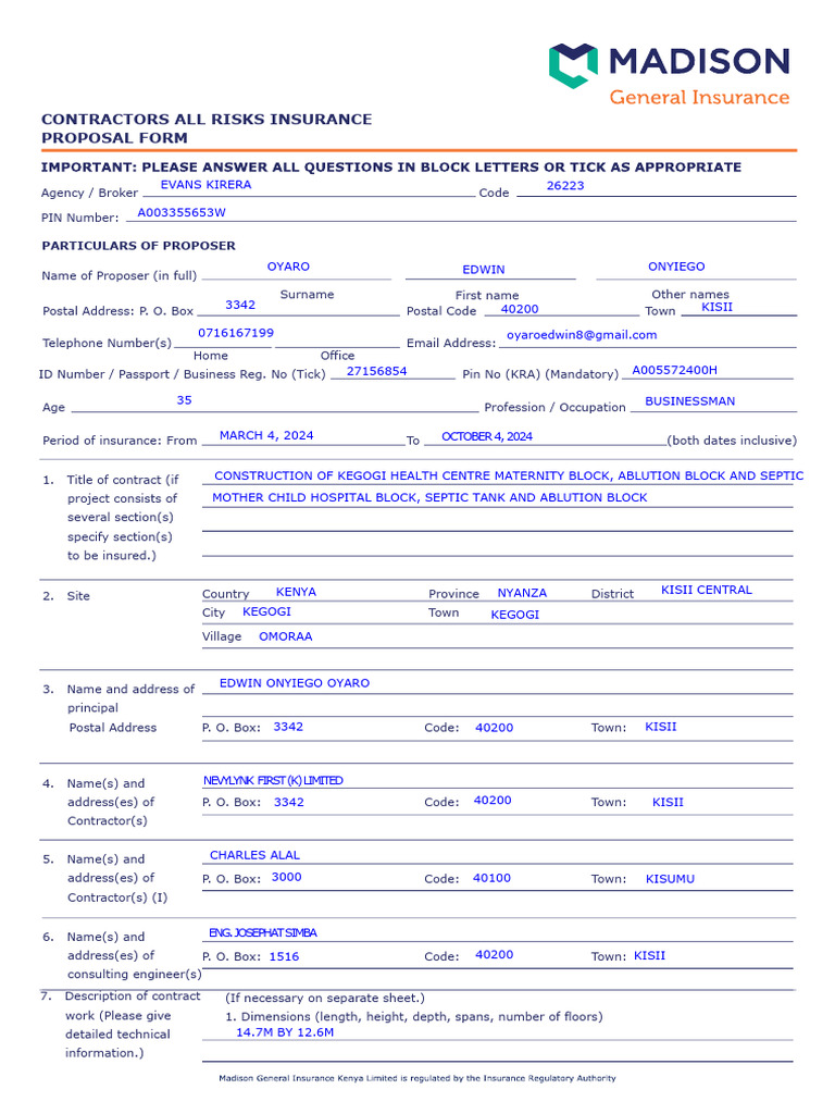 Contractors All Risks Insurance Proposal | PDF | Insurance | Indemnity