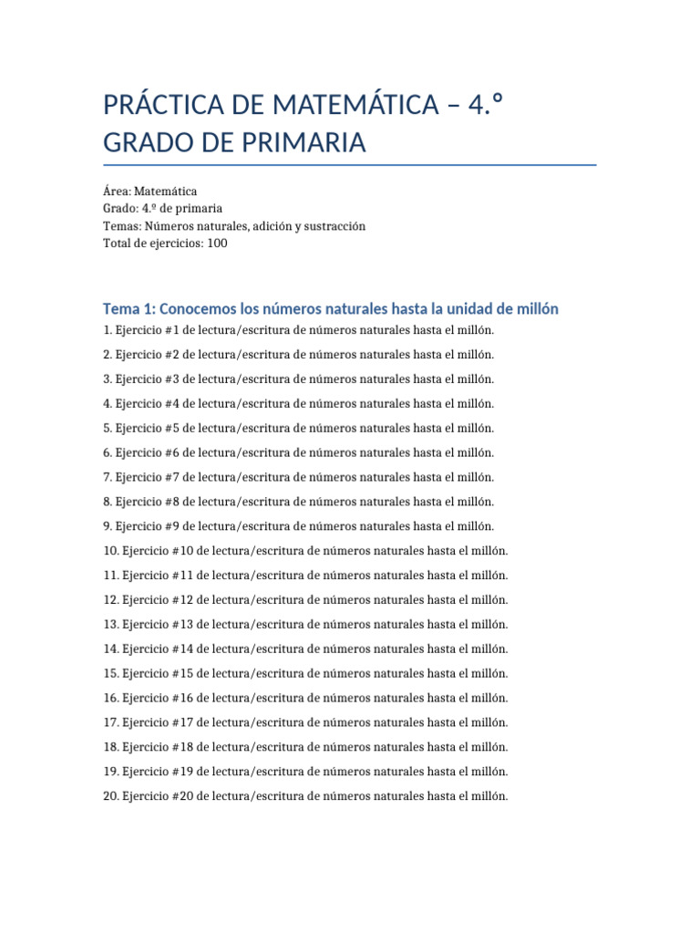 Ejercicios de Matemáticas 4.º Grado | PDF | Sustracción
