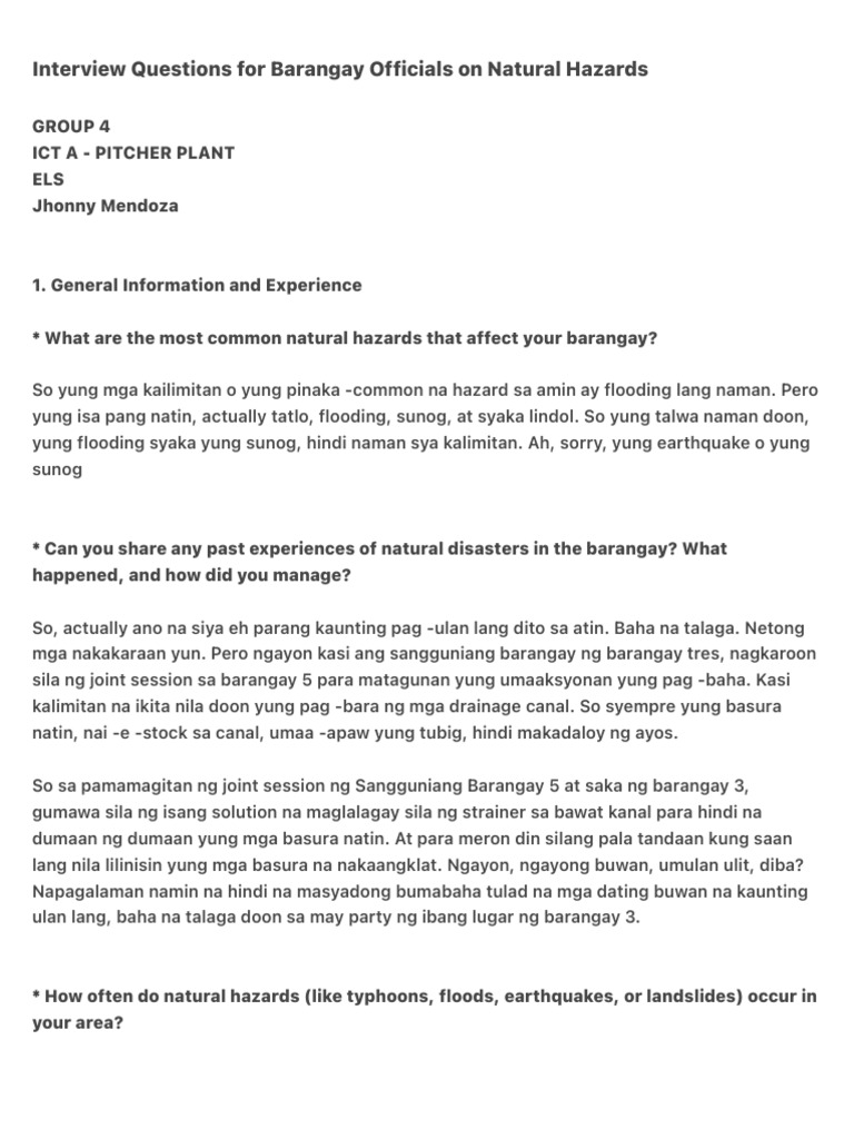 Interview Questions For Barangay Officials On Natural Hazards | PDF