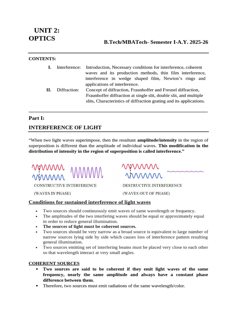 Interference and Diffraction in Optics | PDF | Diffraction | Wavelength