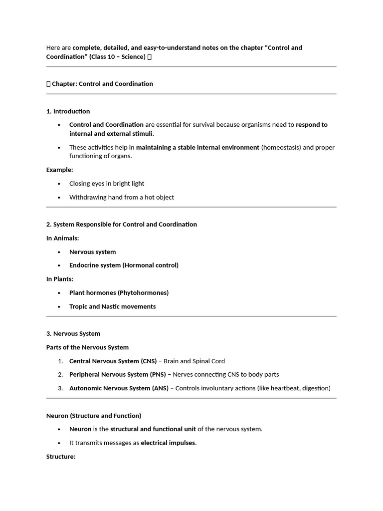 Control and Coordination Notes for Class 10 | PDF | Nervous System ...