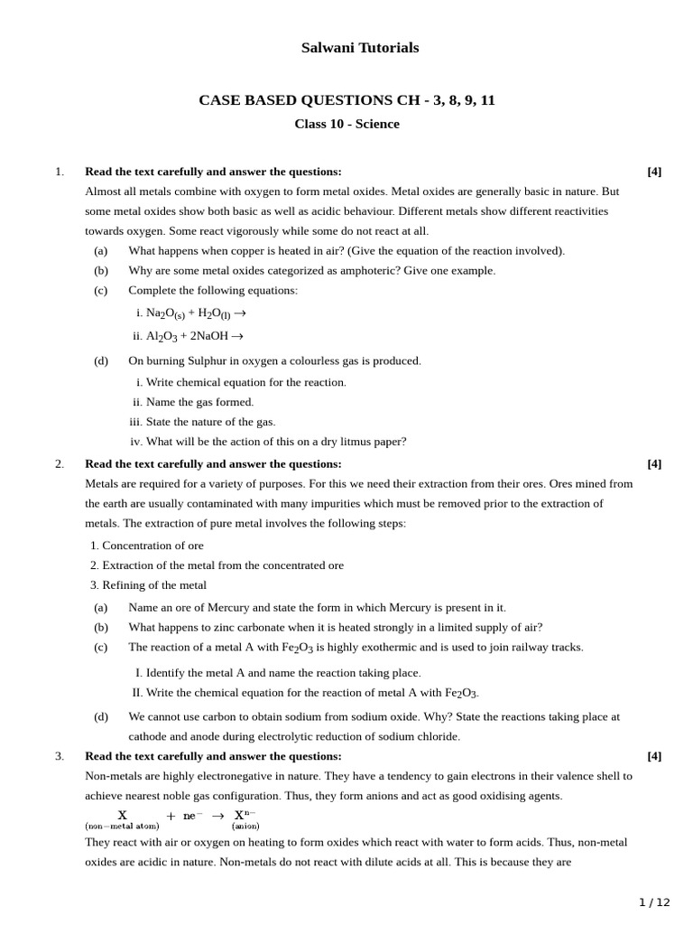 Class 10 Science Case Study Questions | PDF | Ion | Redox