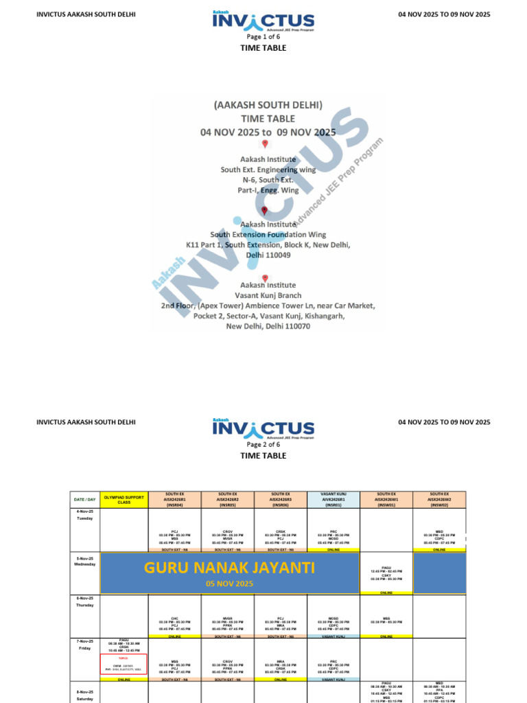 Aakash Institute Timetable: Nov 2025 | PDF