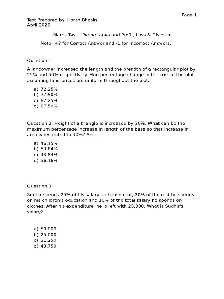 CAT Based Maths Percentages Test | PDF | Interest | Compound Interest