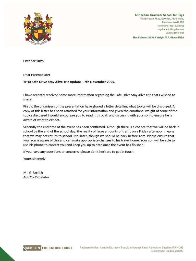 Yr 13 Safe Drive Stay Alive Trip Update | PDF