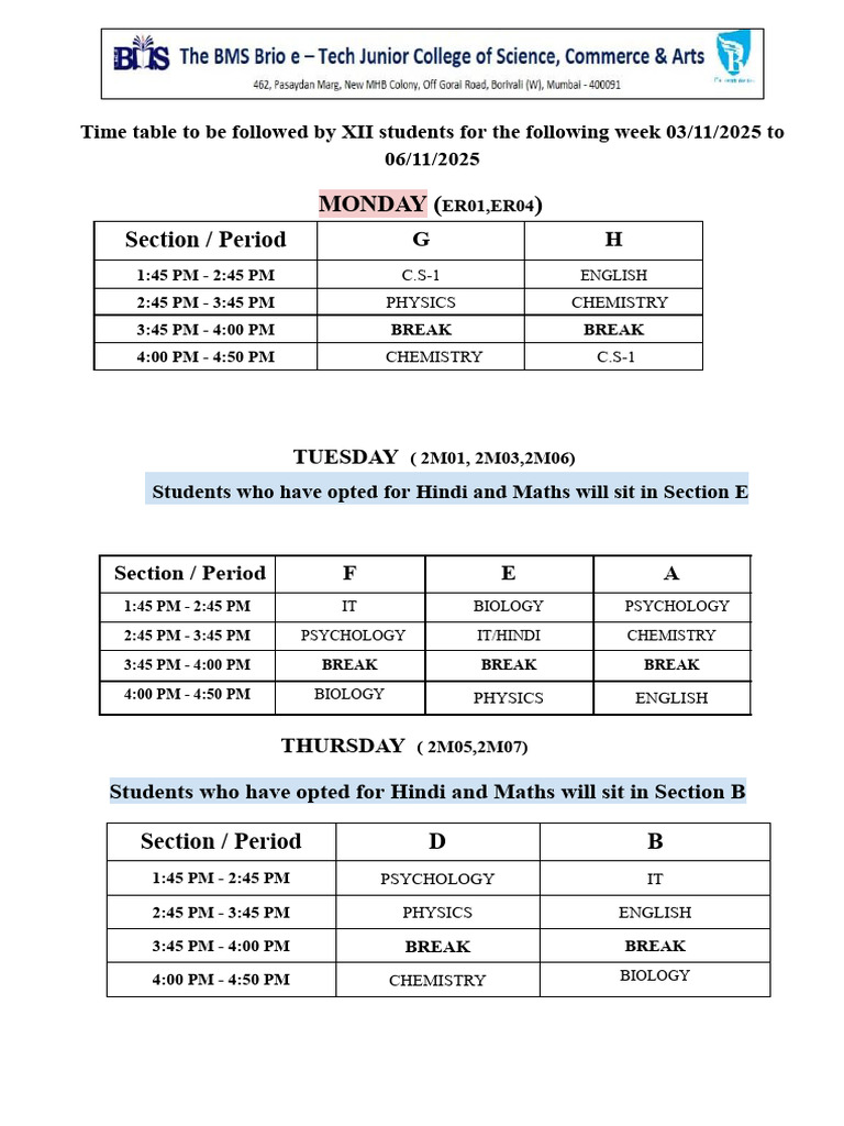 XII Weekly Timetable: Nov 3-6, 2025 | PDF