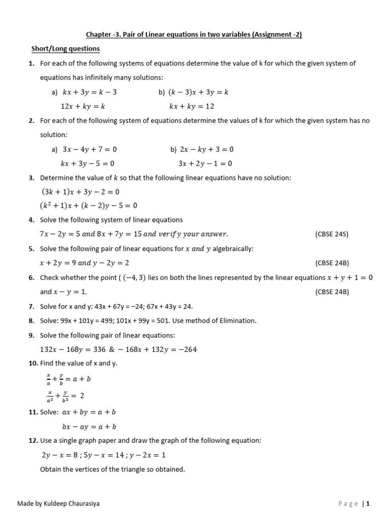 Linear Equations Assignment Solutions | PDF | Equations | System Of ...