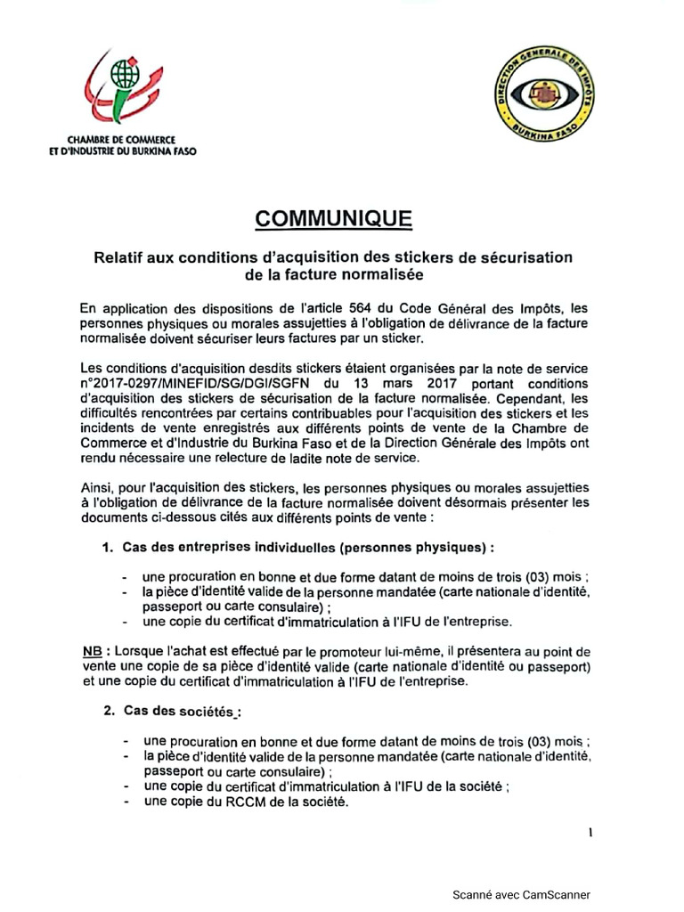 Communique Relatifs Aux Conditions D'acquisition Des Stickers Facture ...