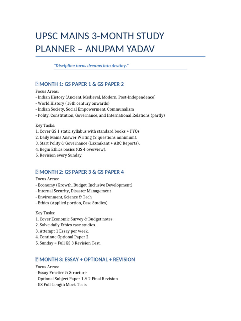 UPSC Mains 3-Month Study Planner | PDF