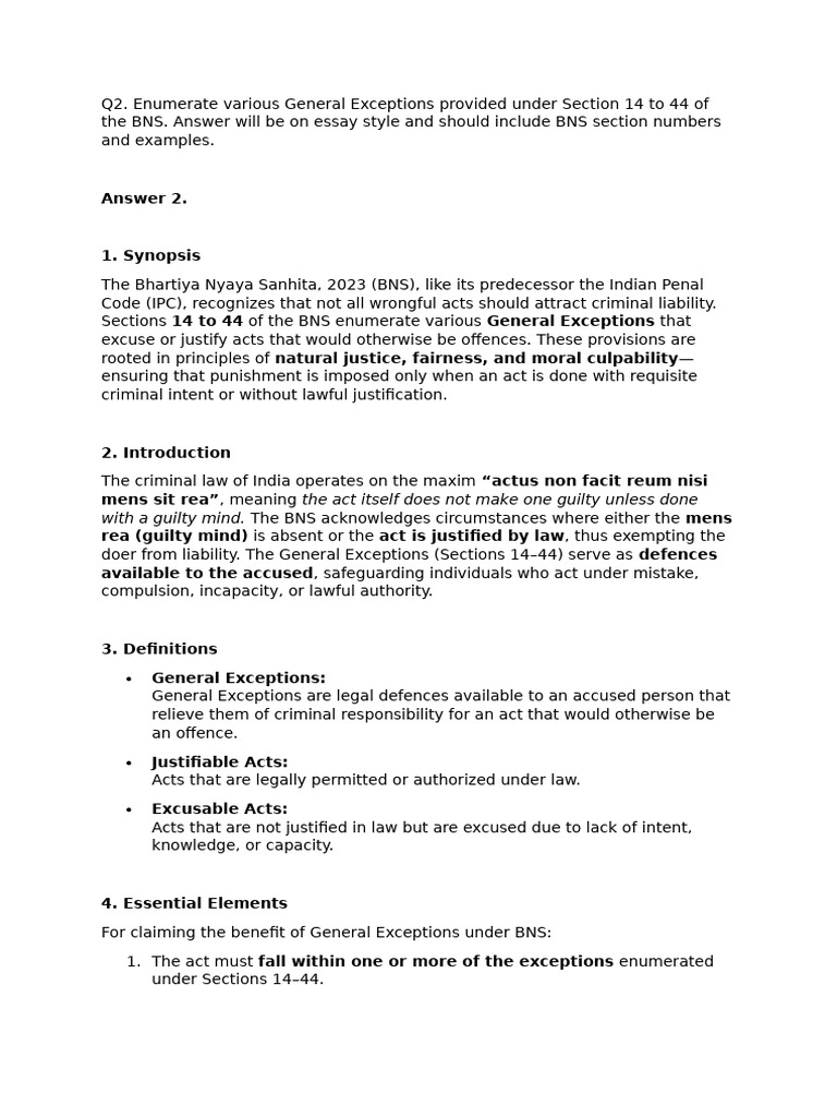 General Exceptions in BNS: Sections 14-44 | PDF | Mens Rea | Legal Concepts