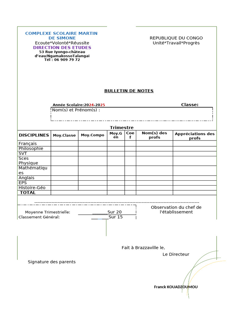 Bulletin de notes 2024-2025 Martin de Simone | PDF