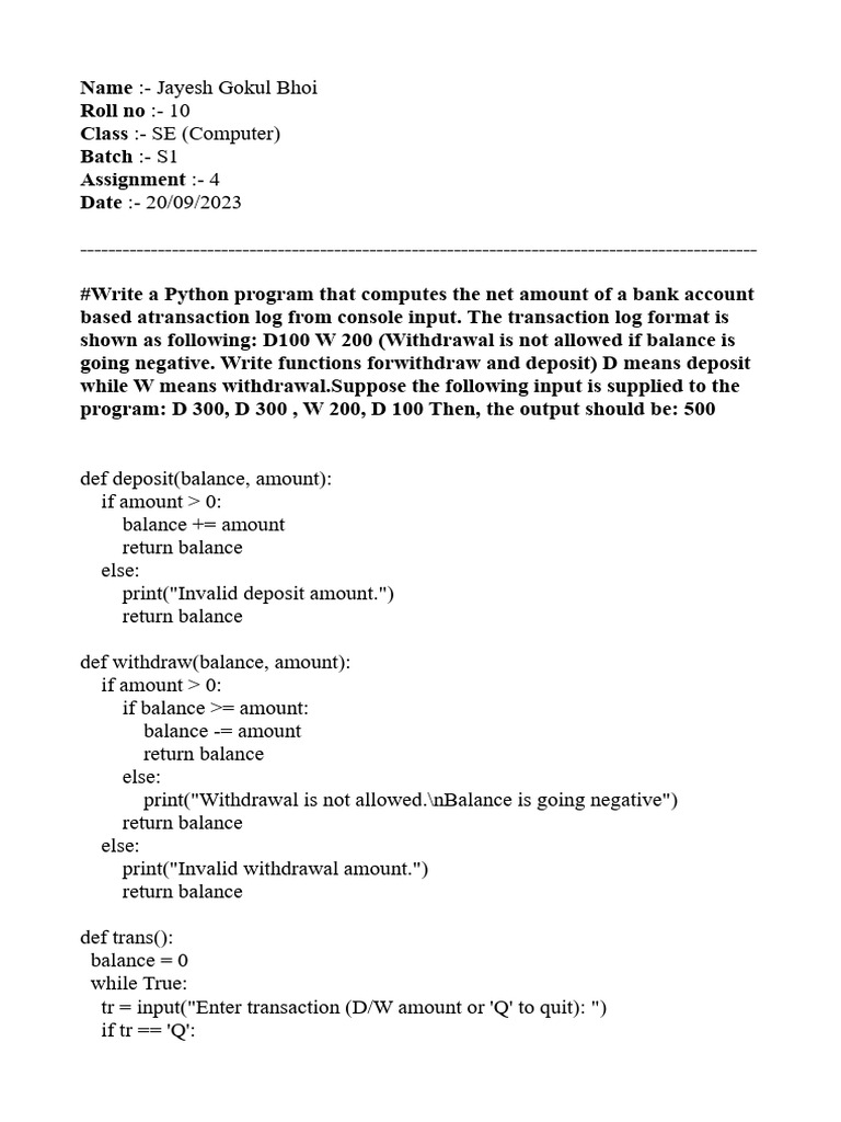 Python Bank Account Transaction Log | PDF