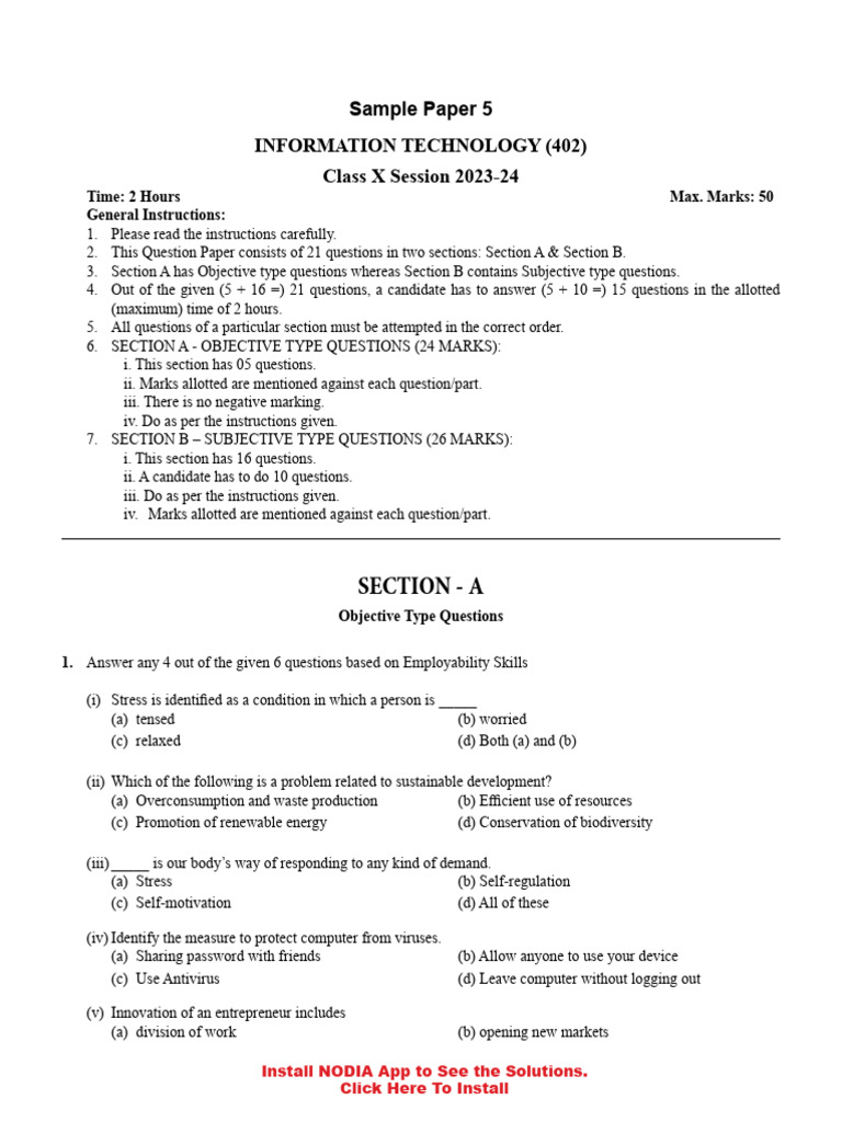 Class X IT Sample Paper Overview | PDF | Spreadsheet | Databases