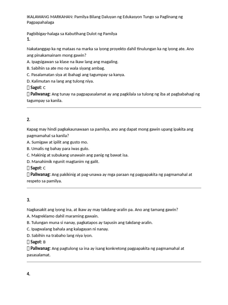 Answer Key - Pagbibigay-Halaga | PDF