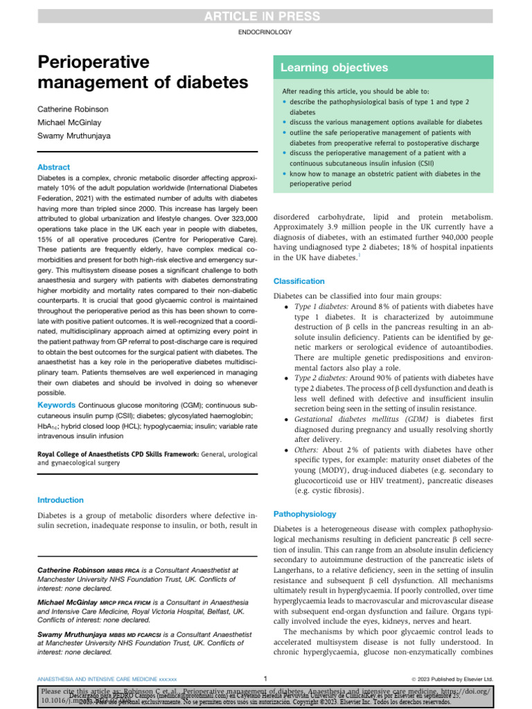 Perioperative Diabetes Management Guide | PDF | Diabetes | Diabetes ...