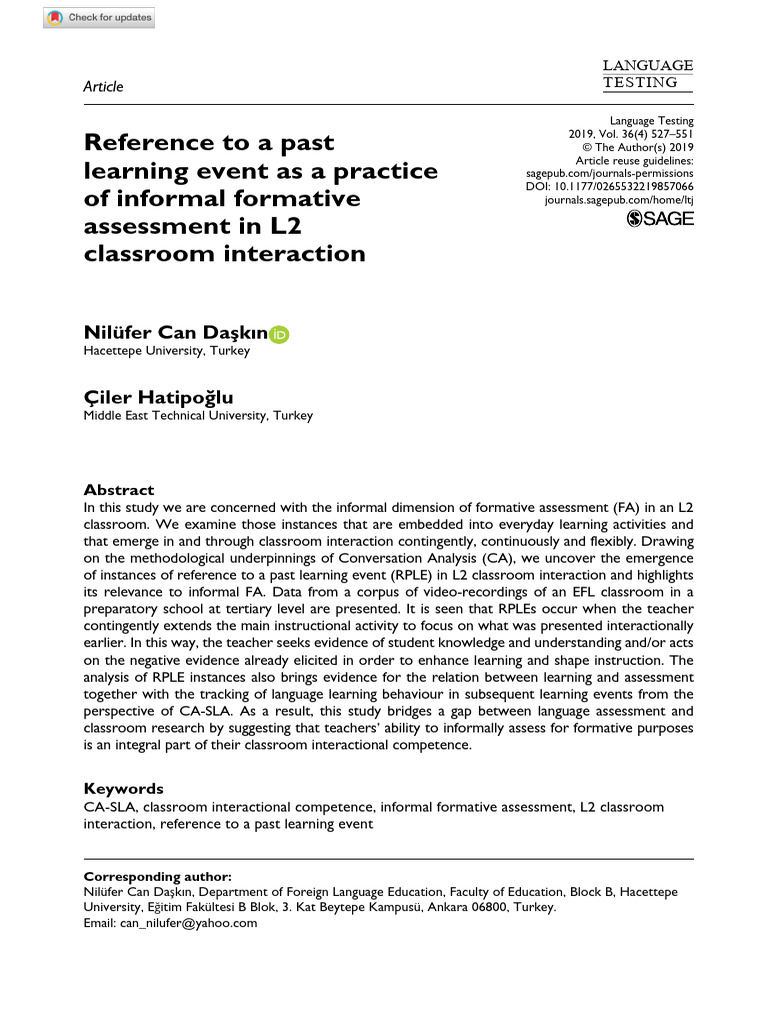 Informal Formative Assessment in L2 Classrooms | PDF | Learning ...