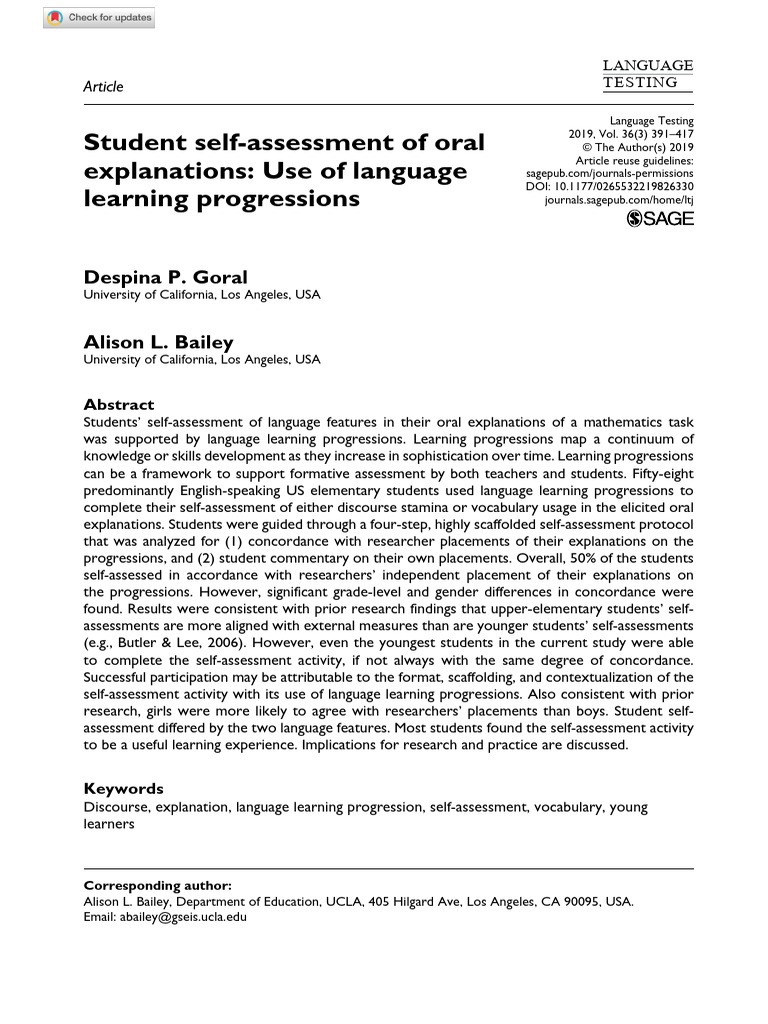 Self Assessment and Oral Explanation | PDF | Educational Assessment ...