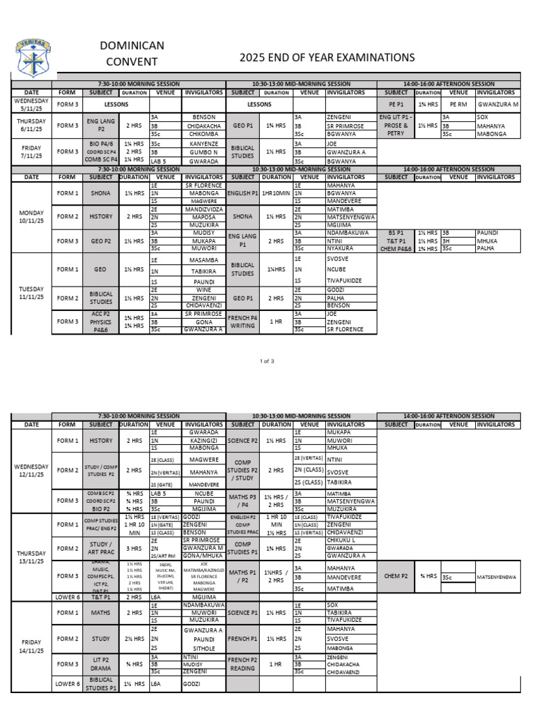 2025 End of Year Exam Schedule | PDF