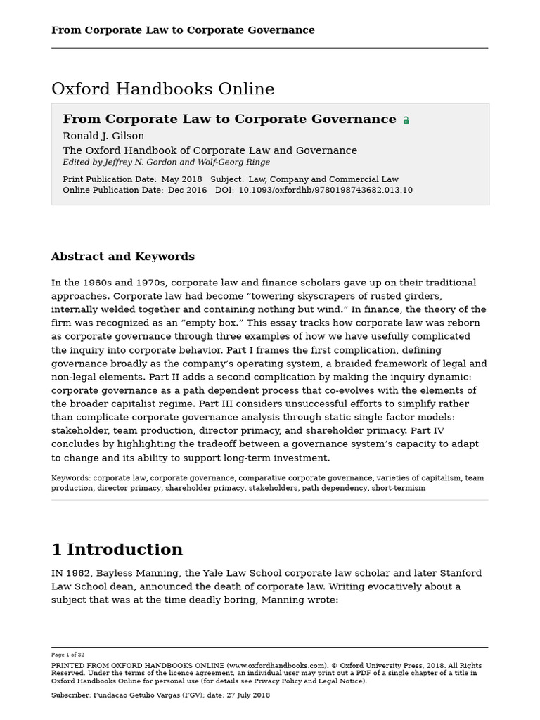 Oxford Handbook of Corporate Law and Governance - PART I | PDF ...