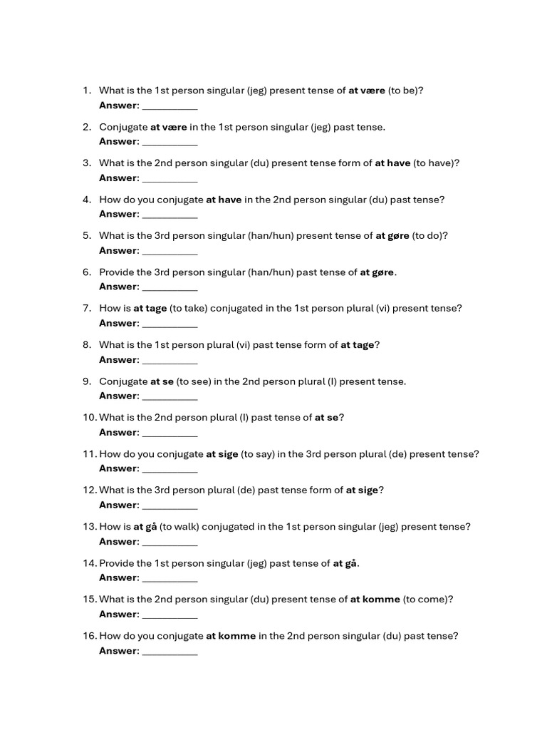 Danish Conjugation Practice | PDF | Grammatical Number | Grammatical Tense
