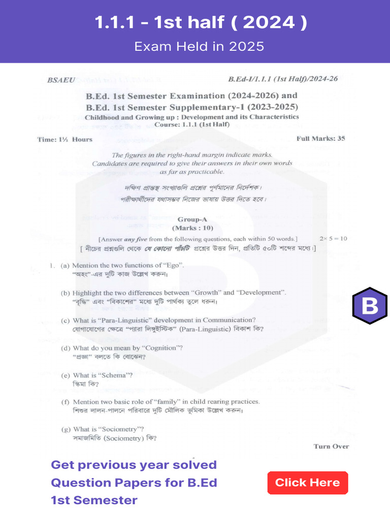 B.Ed 1st Semester Solved Papers 2024 | PDF | Adolescence | Cognition