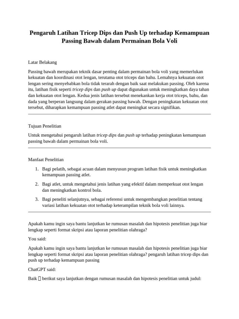 Latihan Tricep Dips dan Push Up untuk Passing Bawah Voli | PDF