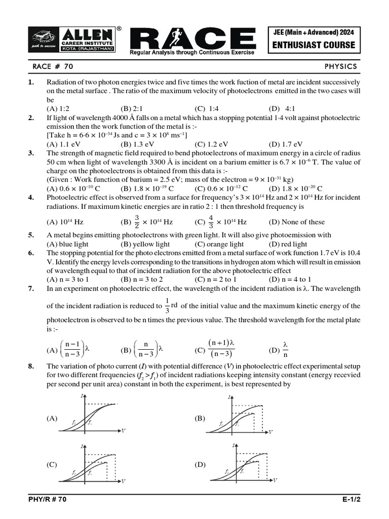 JEE 2024 Physics Photoelectric Effect Quiz | PDF | Photoelectric Effect ...