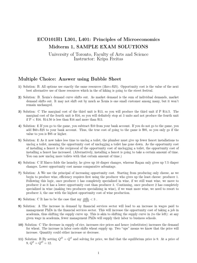Microeconomics Midterm 1 Exam Solutions | PDF | Economics | Economies