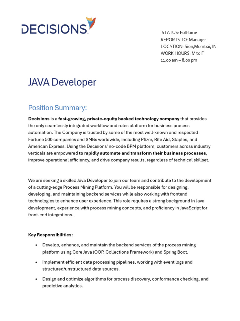 JAVA Developer: Position Summary | PDF | Information Technology | Computing
