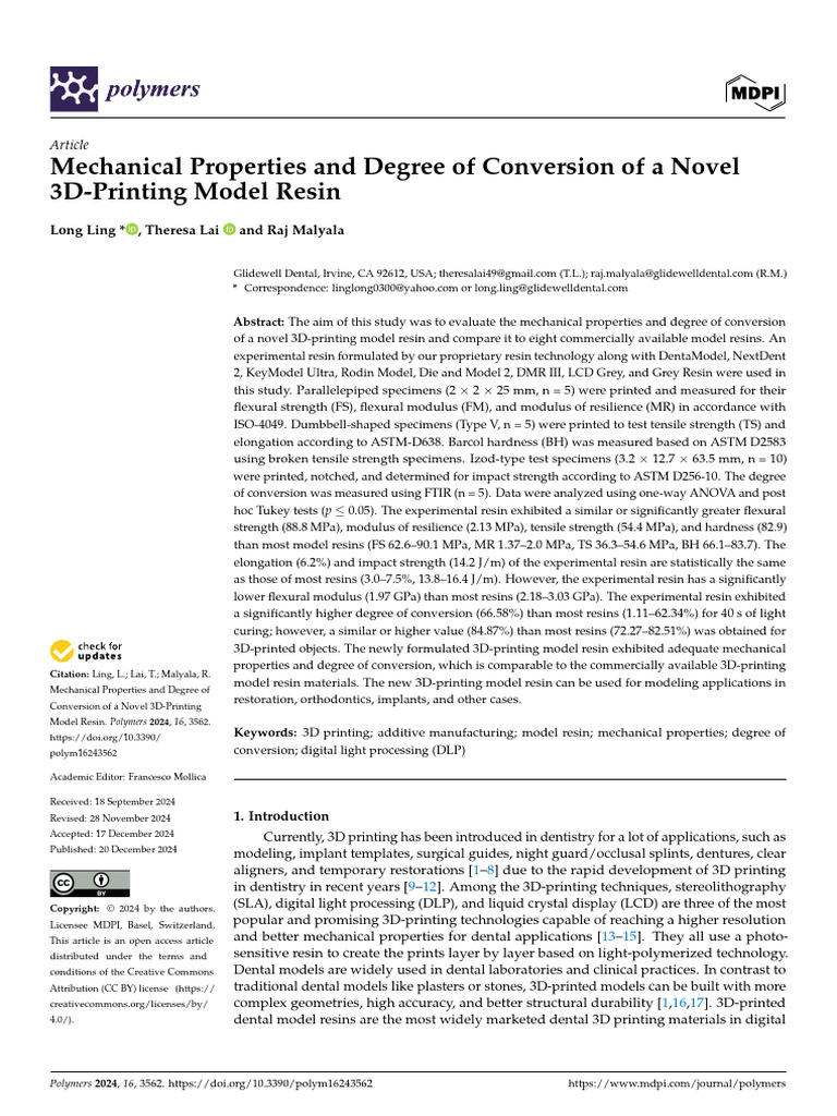 Mechanical Properties and Degree of Conversion of A Novel 3D-Printing ...