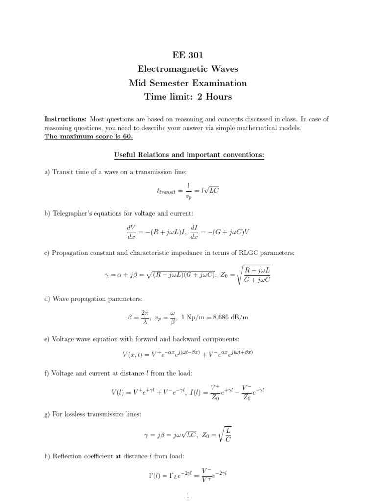 EE301 Midsem 2025 | PDF | Transmission Line | Electrical Impedance