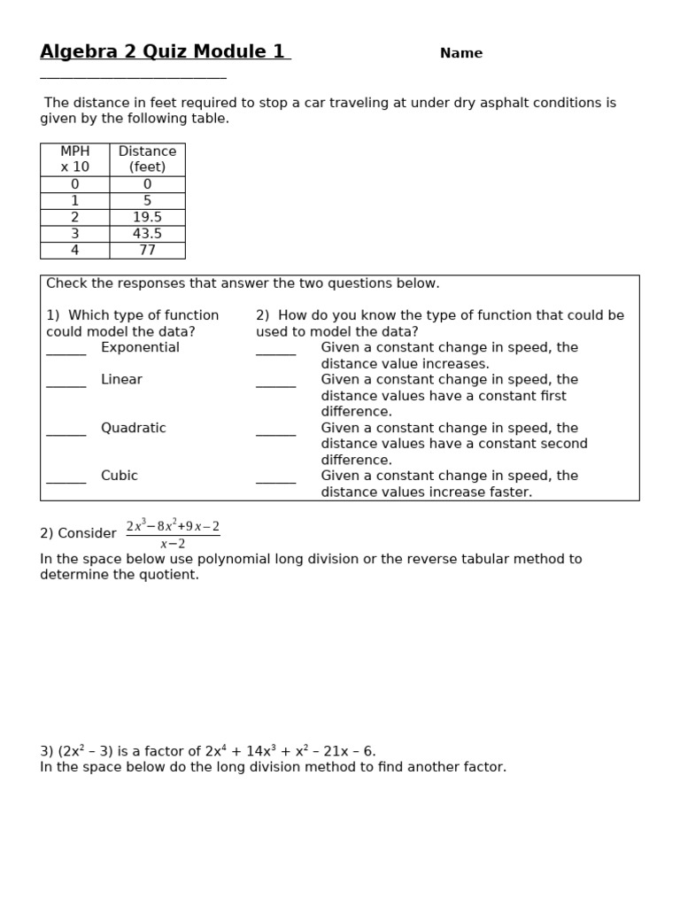Algebra 2 Quiz 1 11th Sept 2022 | PDF
